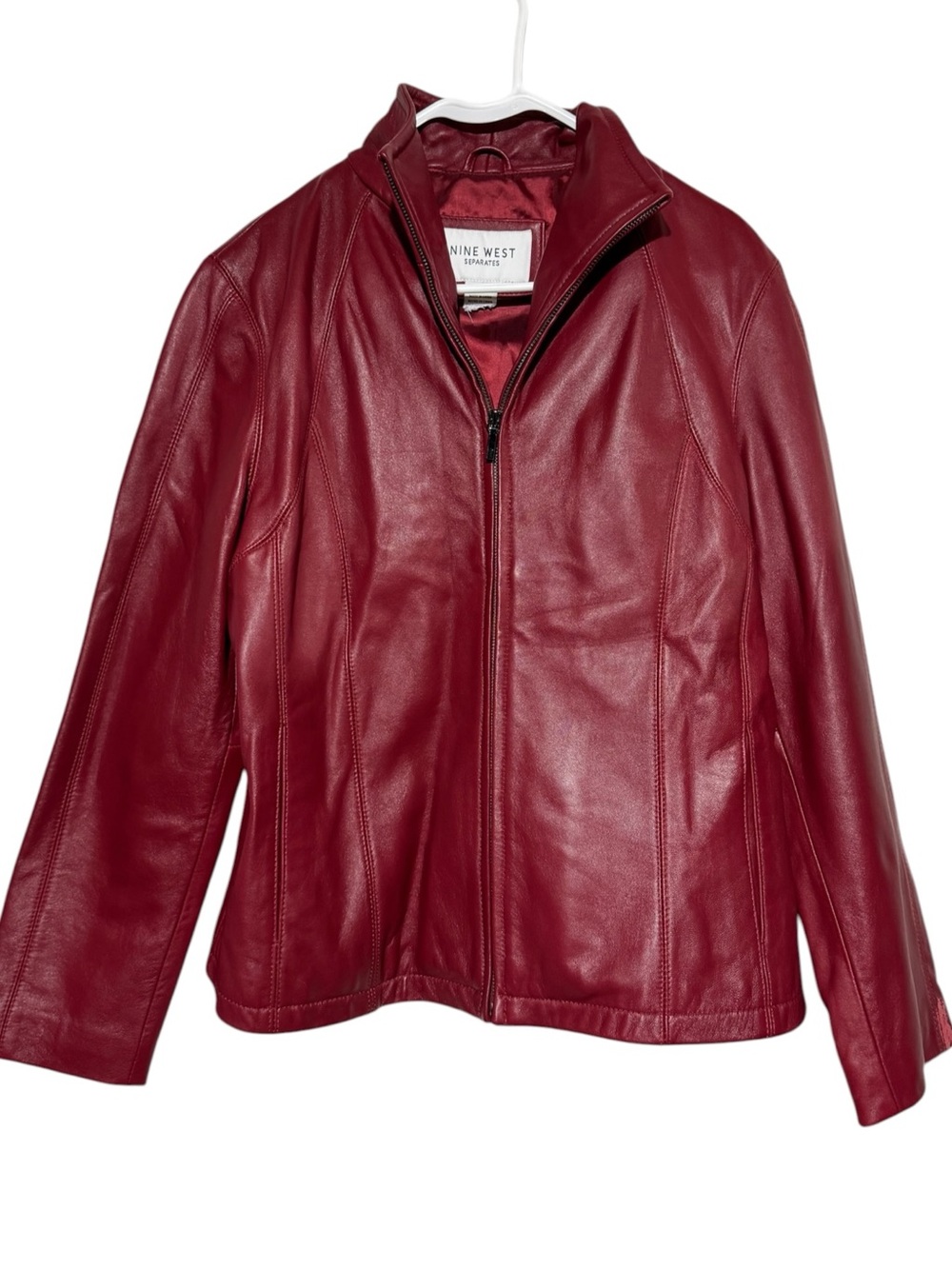 Nine West Red Leather Jacket Coat Women Size Large Fall Classic Capsule Minimal